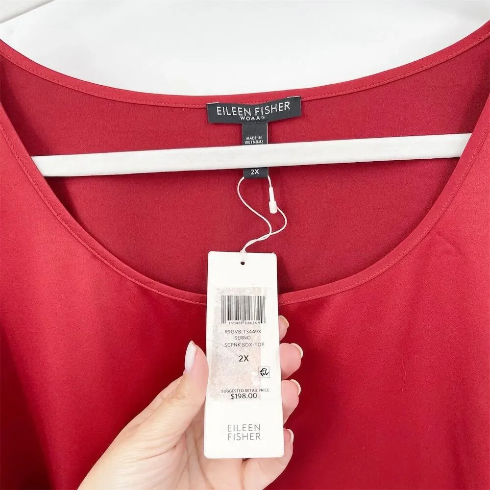 Eileen Fisher Recycled Polyester Satin Box Top Plus Size 2X Red Short Sleeve NWT